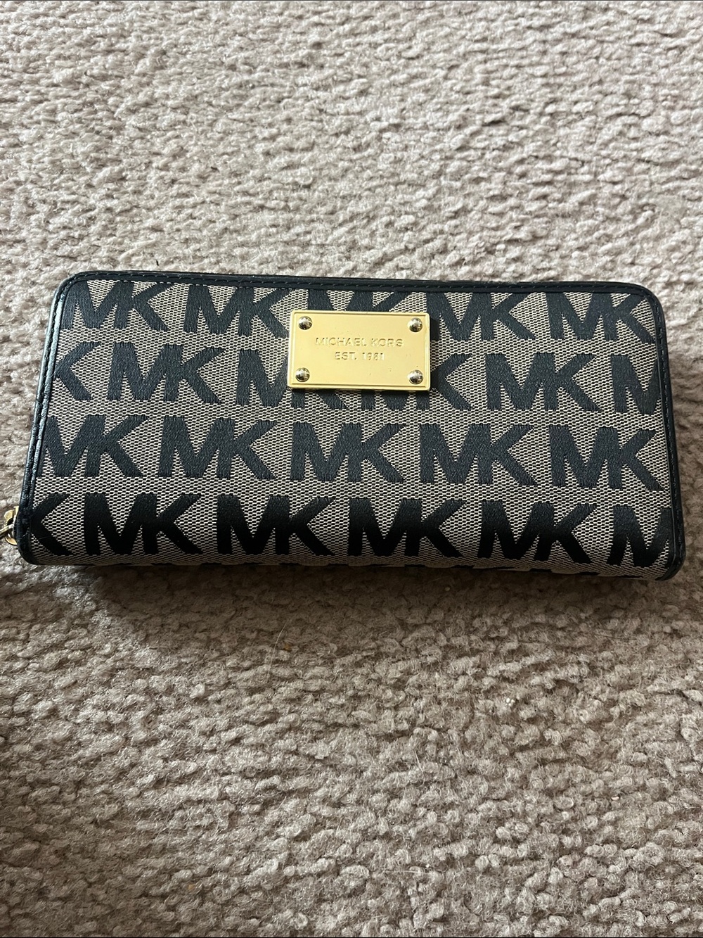 Michael Kors Black Logo Zip-Around Wallet with Gold Plaque